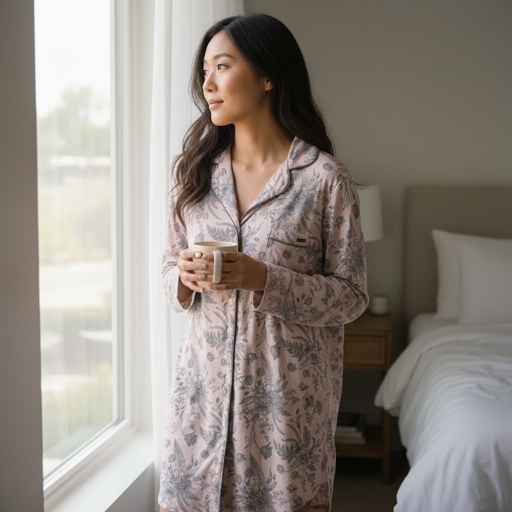Tahari Womens Pink Floral Longβ Sleeve Button Down Nightshirt Sleepwear Size M